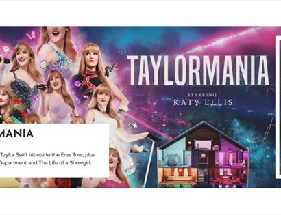 Promotional graphic for Taylormania at White Rock Hastings, showing multiple performers on stage with colourful lighting and event title.
