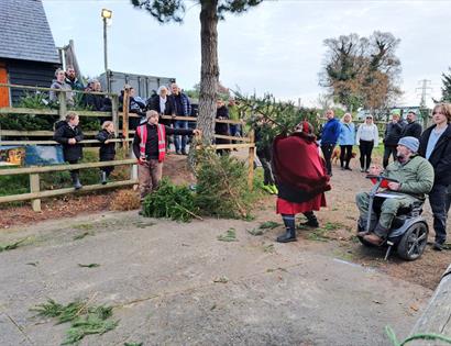Participants and spectators gather outdoors for the Catsfield Christmas Tree Fling, where recycled trees are thrown in competition.