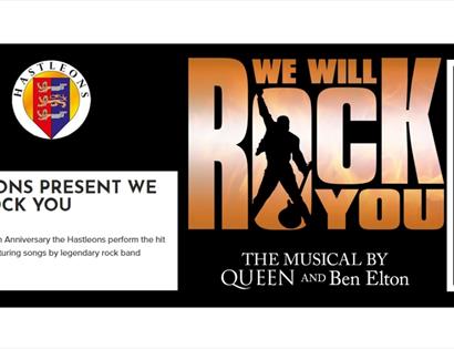 Promotional banner for We Will Rock You, the Queen and Ben Elton musical, presented by Hastleons at White Rock Theatre, Hastings