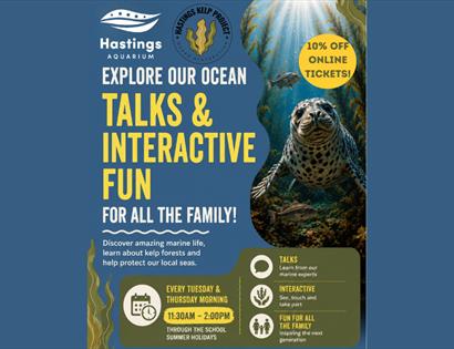 Hastings Aquarium and Hastings Kelp Project poster promoting family ocean talks, interactive activities and discounted tickets.