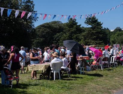 Outdoor Trans Pride Fest at Hastings Museum and Gallery with crowds, bunting, stalls and seating on a sunny grassy lawn.