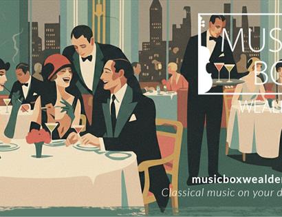 Illustrated art‑deco style scene of elegantly dressed diners enjoying drinks and music, promoting Music Box Wealden.