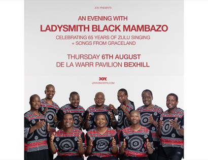 Event poster for Ladysmith Black Mambazo at De La Warr Pavilion, with group photo and concert details on a white background.