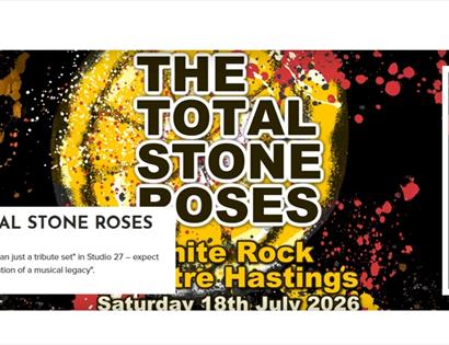 Promotional graphic for The Total Stone Roses at White Rock Theatre, featuring bold band name text and splattered paint design.