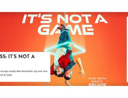Promotional image for Jay and Joss: It’s Not a Game at White Rock Theatre, showing illusionists suspended upside down