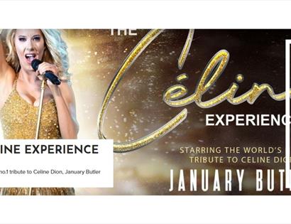 Promotional image for The Celine Experience at White Rock Theatre, showing a singer performing in a gold dress with show title text.
