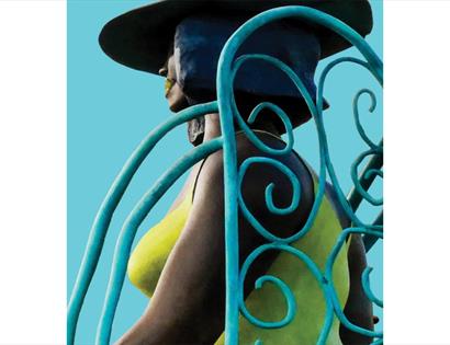 Sculptural figure with flowing, curled metal forms against a blue backdrop, promoting MASS, a celebration of 3‑D art at De La Warr Pavilion.