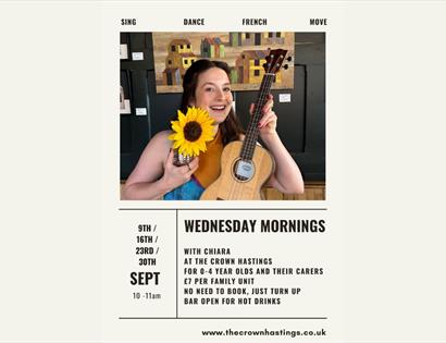 Poster for Wednesday morning children's sessions at The Crown Hastings, featuring music, dance, movement and French activities