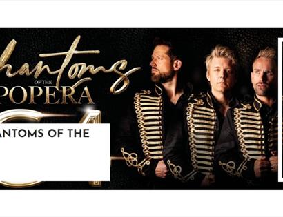 Promotional banner for G4: Phantoms of the Opera at White Rock Theatre, featuring four performers in ornate black and gold jackets.