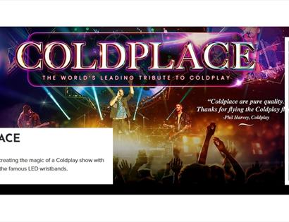 Promotional image for Coldplace at White Rock Theatre, showing a tribute band performing on stage with lasers, crowd silhouettes and event title.