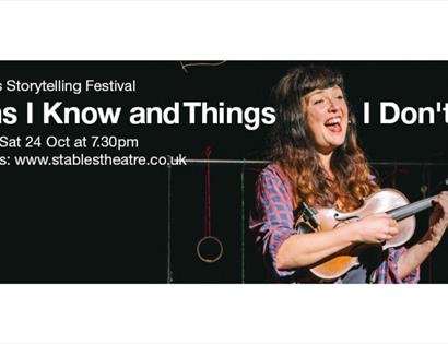 Poster for “Thins I Know and Things I Don’t” at Hastings Storytelling Festival, featuring a performer holding a violin.