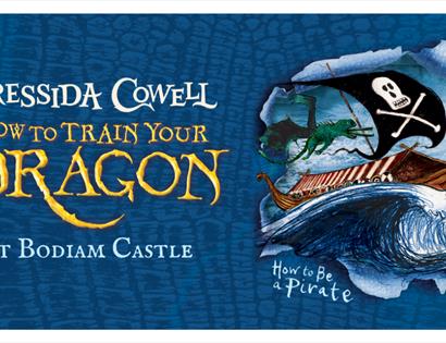 Illustrated banner for Cressida Cowell’s How to Train Your Dragon at Bodiam Castle, featuring a Viking ship, dragon and waves.