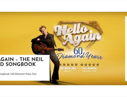 Promotional graphic for Hello Again - The Neil Diamond Songbook, showing a performer with guitar on a yellow background with tour branding