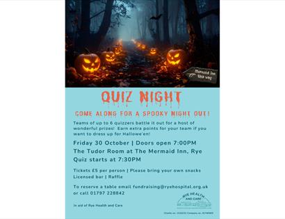 Halloween quiz night poster with glowing jack-o'-lanterns in a spooky forest, raising funds for Rye Health and Care.