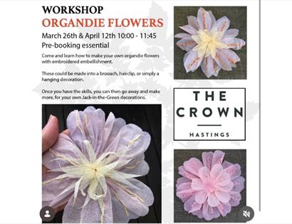 Workshop poster featuring organdie flower crafts, event details, and examples of handmade fabric flowers