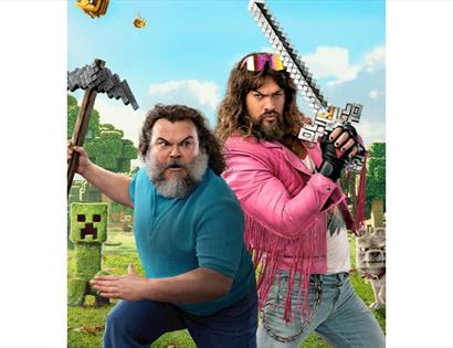 Promotional image for A Minecraft Movie – Sunset Screenings featuring block-style tools, creatures and adventure characters.