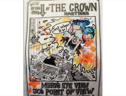 Colourful illustrated poster for the Merv + Jo Art Exhibition, featuring whimsical pen-and-ink artwork and comic-style design.