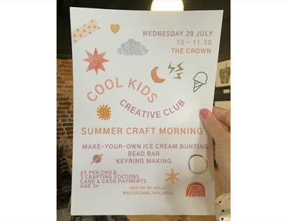 Flyer for Cool Kids Creative Club Summer Craft Morning, featuring ice cream bunting, bead bar and keyring making