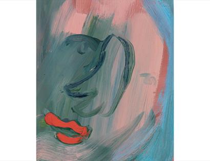 Abstract painted portrait with soft pink, blue and green brushstrokes, promoting Back to Ours at Hastings Contemporary.
