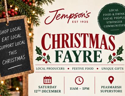 Jempson’s Christmas Fayre poster promoting local producers, festive food and gifts at Peasmarsh Superstore, 12 December.