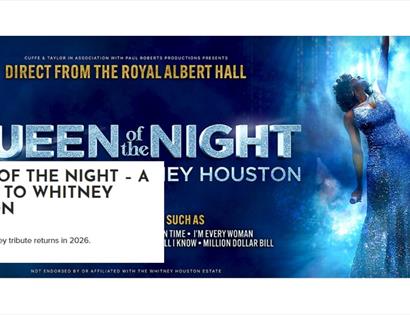 Poster for ‘Queen of the Night’, a Whitney Houston tribute show at White Rock Theatre, featuring a performer in a sparkling gown.