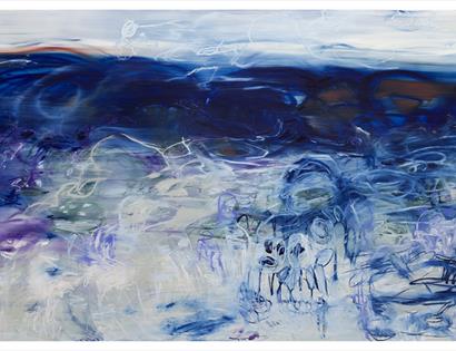 Abstract seascape painting for Janaina Tschäpe exhibition at Hastings Contemporary, with swirling blue, white and violet forms.