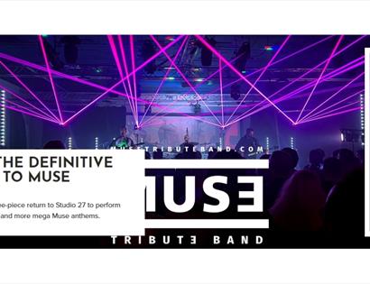 Promotional banner for MUS3, the definitive Muse tribute band, performing live with purple laser lights at White Rock Theatre, Hastings