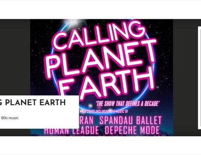 Neon-style promotional graphic for Calling Planet Earth at White Rock Theatre, celebrating 80s music with bold pink text on a dark background