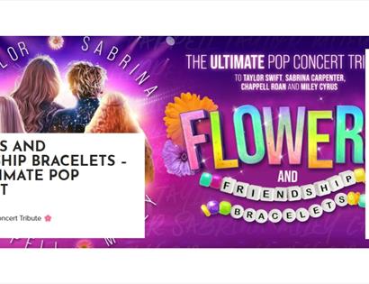 Colourful promotional graphic for Flowers and Friendship Bracelets at White Rock Theatre, featuring pop-style artwork, flowers and beaded bracelets.