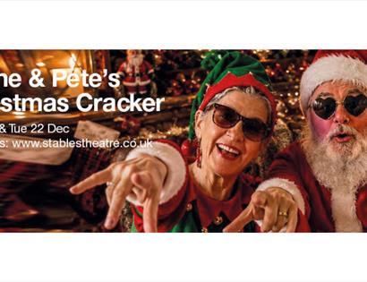 Promotional banner for Leane & Pete’s Christmas Cracker, featuring festive performers in Christmas costumes and sunglasses.