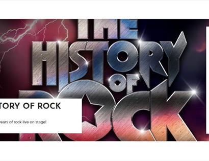 Promotional graphic for The History of Rock at White Rock Theatre, featuring metallic rock-style lettering with lightning effects