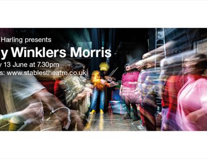 Poster for Molly Winklers Morris, showing a blurred group of performers in motion on stage, with event date and booking details.