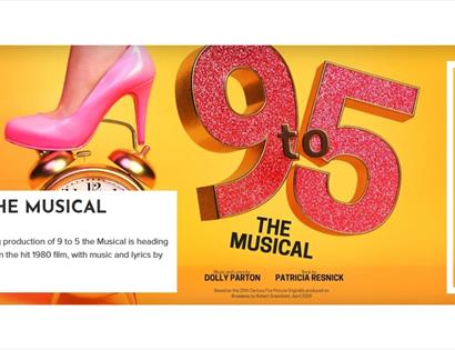 Poster for 9 to 5 The Musical with a pink high heel on an alarm clock against a yellow background, White Rock branding.
