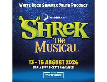 Poster for Shrek The Musical at Hastings White Rock, 13–15 August 2026, with early bird tickets available.