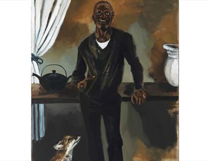 Painting featured in To Improvise A Mountain, showing a standing figure indoors beside a table, with loose brushwork and muted tones.