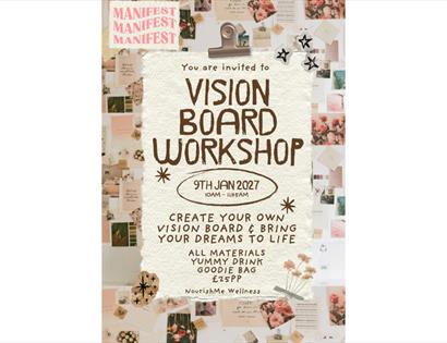 Poster for a Vision Board Workshop, inviting participants to create personal vision boards and set goals for 2027.