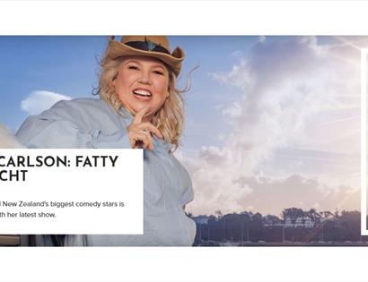 Promotional banner for Urzila Carlson: Fatty on a Yacht, showing performer on a yacht with sky backdrop and White Rock logo.