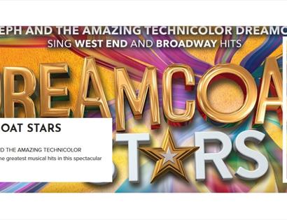 Colourful poster for Dreamcoat Stars, featuring bold gold lettering and rainbow swirls, promoting West End and Broadway hits.