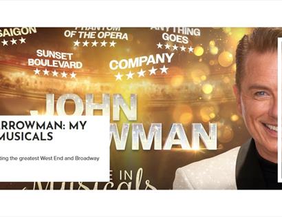 Promotional banner for John Barrowman: My Life in Musicals, with performer portrait, show ratings and White Rock logo