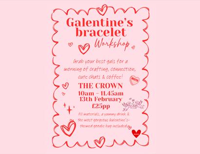 Poster for a Galentine’s Bracelet Workshop, featuring heart-themed illustrations and friendship bracelet crafting activities.