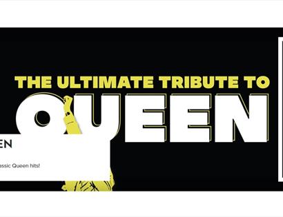 Poster for a Queen tribute show at White Rock Theatre featuring bold yellow text and a stylized performer silhouette.