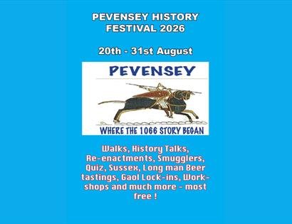 Poster for Pevensey History Festival 2026, promoting walks, talks, re-enactments, workshops and free events.