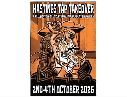 Poster for Hastings Tap Takeover featuring a bold cubist-style portrait and brewery festival dates, 2–4 October 2026.