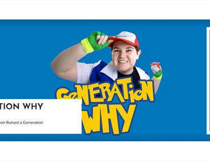 Person dressed as a cartoon trainer holding a themed ball, with ‘Generation Why’ text and White Rock Hastings banner.