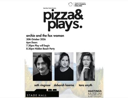 Archie and the Fox Woman theatre poster with cast portraits, performance details and Hastings Museum venue information.