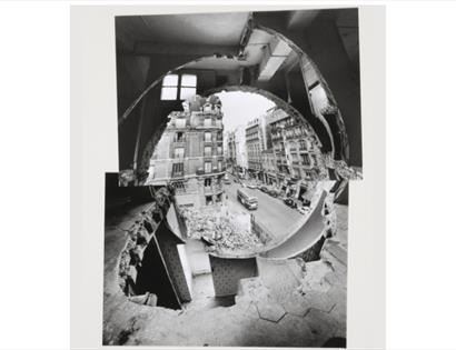 Gordon Matta-Clark's Discrete Violations showing circular architectural cuts framing a city street through a damaged building.