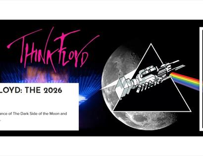 Promotional banner for Think Floyd: The 2026 Tour, featuring a Dark Side of the Moon-style prism, moon imagery and White Rock logo