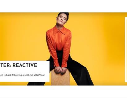 Promotional banner for Jen Brister: Reactive, showing the comedian seated against a yellow background with White Rock logo