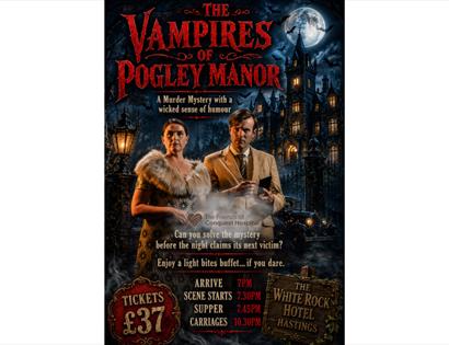 Poster for The Vampires of Pogley Manor, a murder mystery event set outside a gothic manor under a full moon.