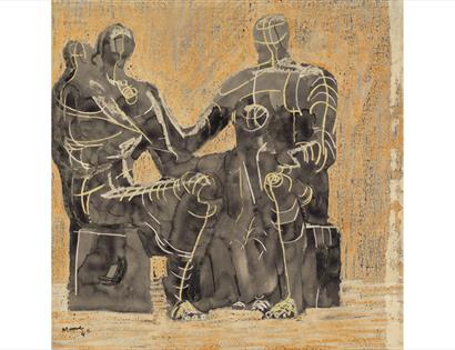 Abstract figures in dark tones with linear markings, Moore/Freud exhibition at Hastings Contemporary.